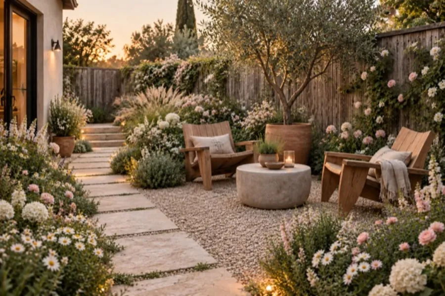 AI garden design example: a back yard with paths and planting